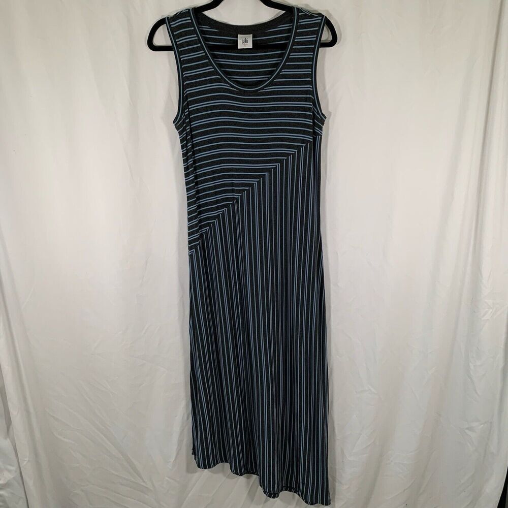 cabi Midi Dress Women's Small Grey Blue Striped Asymmetrical Sleeveless